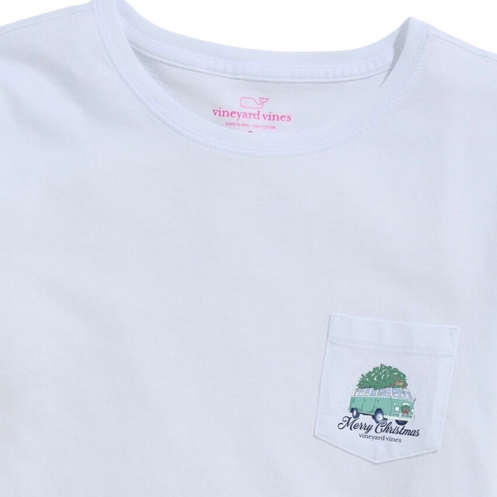 Vineyard Vines Boys Retro Van & Tree Long-Sleeve Pocket Tee White Christmas L